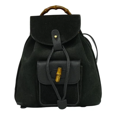 GUCCI Bamboo Suede Leather Backpack Black Gold Italy - Image 1 of 4