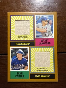 2025 Topps Heritage doppia reliquia Wyatt Langford Evan Carter oro /50 Texas Rangers - Foto 1 di 7