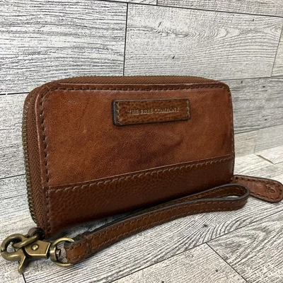 Frye 皮革拉链钱包破旧干邑棕色带腕带罕见 HTF — 第 1/4 张图片