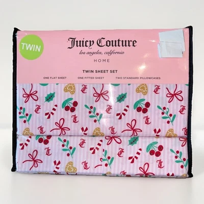 Juicy Couture Pink Stripe Hearts Bows Candy Holly 4pc TWIN Sheet Set Christmas - Image 1 of 4