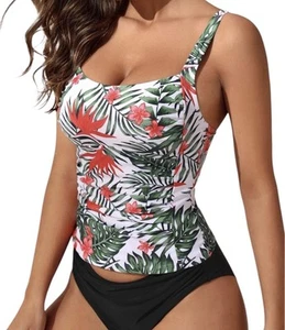 Shein Tankini-Schwimmenoberteil tropischer Druck gerafft Größe M weiß bunt Strand Luau neu ohne Etikett - Bild 1 von 8
