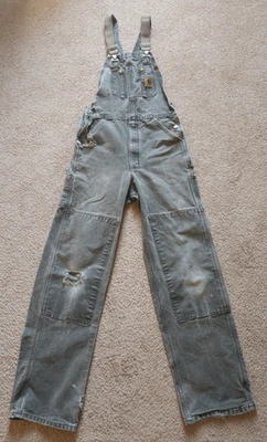 Thrashed Carhartt Bib Overalls Gray Double Knee Distressed Ripped Stain Work USA - Image 1 of 4