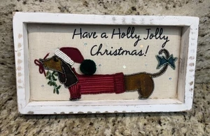 Have A Holly Jolly Christmas Dachshund Sign Plaque Rustic Farmhouse Beaded NEW - Picture 1 of 6