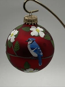 Marcia Poling Hand Painted Bird Ornament Blue Jay Glass Rare Signed - Picture 1 of 9