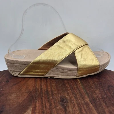 FitFlop Lulu Sandals Women's 8 Gold Tan Leather Comfort Cross Strap Slide Wedge - Image 1 of 4