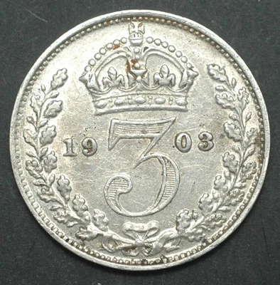 1903 Great Britain sterling silver 3 pence about uncirculated condition KM#797.1 - Image 1 of 2