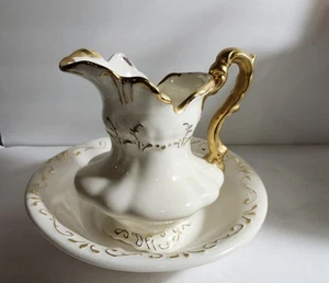 Hand Painted White With Gold Trim Wash Pitcher And Bowl - Picture 1 of 6