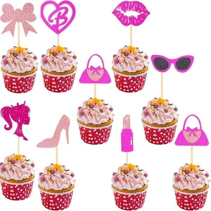 32 Stück Prinzessin Cupcake Topper Cupcake Topper Glitzer Hot Pink Mädchen Cupcake - Bild 1 von 8