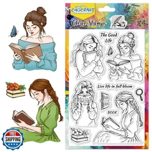CHGCRAFT Book Woman Clear Stamps Elegant Lady Reading Transparent Handicraft  - Foto 1 di 5