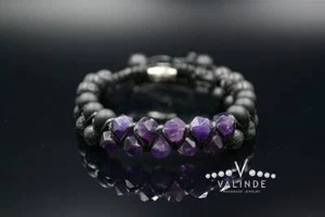 Men's Onyx Amethyst Lava Double Row Gemstone Bracelet Macrame Gift for Men - Picture 1 of 8