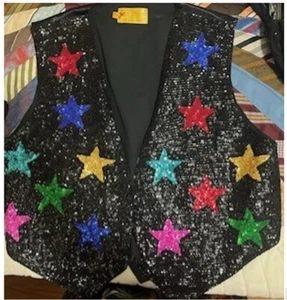 Sequin Vest XXL 22-24 HAND MADE - Black w/ Red, Blue, Green, Pink, Yellow, Stars - Picture 1 of 4