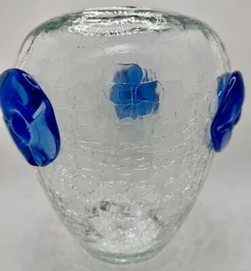 Vtg 1950s BLENKO Blown Glass Crackle Vase Blue Rosette Flowers 8" Tall - Picture 1 of 10