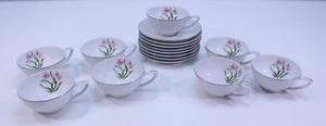 Pink Orchid China Teacup & Saucers Floral Flower Silver Rim Set 8 Made Japan - Picture 1 of 11