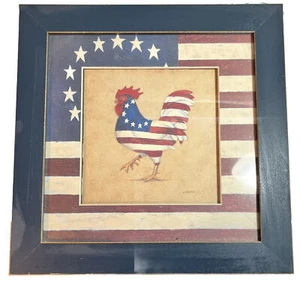 WHIMSICAL ROOSTER PRINT ~ USA FLAG Matted/Framed 13 X 13 Inches - Picture 1 of 4
