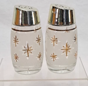 Vintage Van Pak Canada Atomic Gold Starburst Frosted Salt & Pepper Shakers MCM - Picture 1 of 13