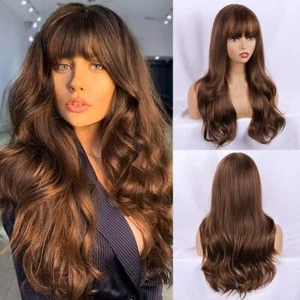 Long Body Wavy Wig with Bangs Dark Brown Synthetic Hair Wigs Natural Glueless US - Picture 1 of 9