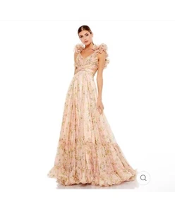Mac Duggal 67803# size 6 Peach / Pink RUFFLE TIERED FLORAL CUT-OUTCHIFFON GOWN. - Picture 1 of 10