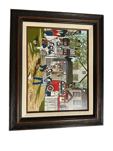 Pintura serigráfica de béisbol vintage H Hargrove Sandlot con marco lienzo 12x16 - Imagen 1 de 5