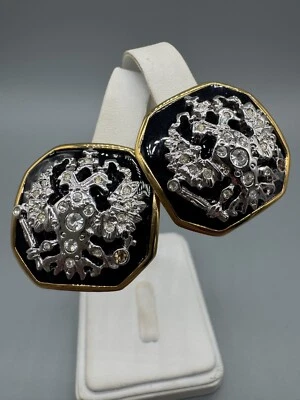 Pendientes Joan Rivers Doble Cabeza Águila Real Dos Tonos Esmalte Negro Cristal Foto 1 de 4