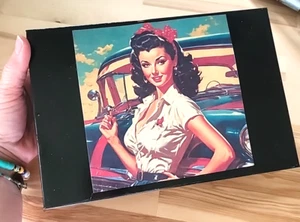 Vintage Metal Stash Box Pin Up Girl Jewelry Trinket Box 8.75 x 6.5 x 2 - Black - Picture 1 of 9