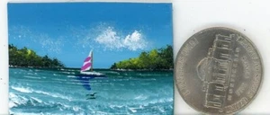 ORIGINAL 1x1.5 Acrylic Dollhouse Painting Miniature Sailing Boat Sea HYMES - Picture 1 of 1
