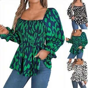 Fall And Winter Women's Casual Ruffled Square Collar Leopard Print Long-sleeved - Picture 1 of 21
