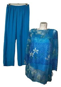 New R.J. & Co. Size 18W Outfit 3-Pc Blue Floral Print LS Top / Tank / Pants Set - Picture 1 of 8