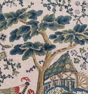 SCALAMANDRE Kelmescott Hand Block Print Linen Peacock on Sand Remnant New - Picture 1 of 1