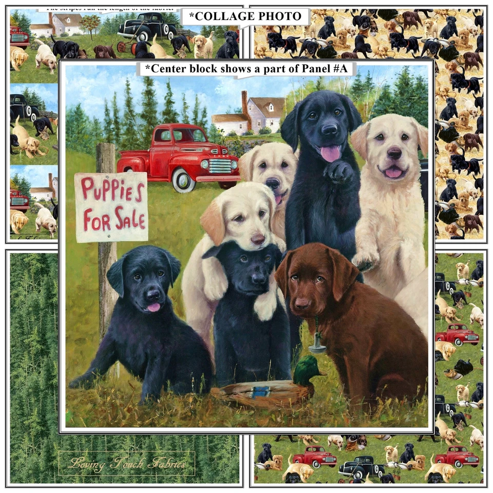 NORTHCOTT "PUPPIES FOR SALE" LABRADOR RETRIEVERS, RED TRUCK SCENIC FABRICS - Image 1 of 1