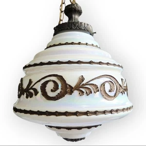 Vtg MCM Swag Lamp Iridescent Hollywood Regency Globe Hanging Pendant Scrollwork - Picture 1 of 12