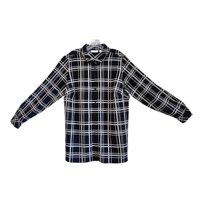 Blusa túnica a cuadros negra beige abotonada carrera 48" SUSAN GRAVER Plus 1X para mujer Foto 1 de 4