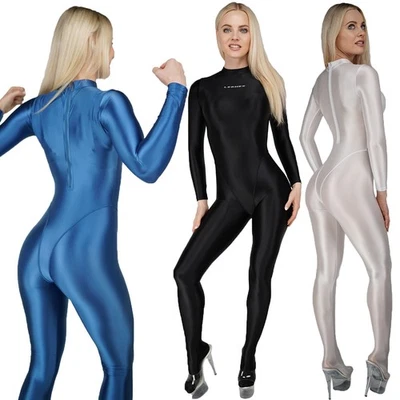 LEOHEX Damen Shiny Satin Einteiler Overalls Langarm Fitness Yoga Tights Bodysuit - Bild 1 von 4