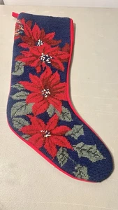 Calza natalizia vintage punto ago Poinsetta agrifoglio rosso retro velluto - Foto 1 di 4