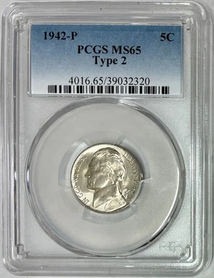 1942-P Silver Type 2 Jefferson War Nickel, PCGS MS-65 - Image 1 of 2