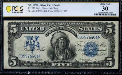  $5 1899 Silver Certificate, Fr. 275  CHIEF Napier-McClung PCGS VF 30 - Image 1 of 2