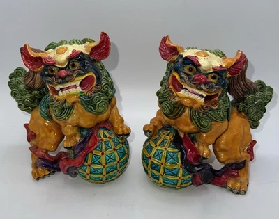 Temple Foo Dogs  Shishi Lions / Statues Multicolor Set Of 2 - Image 1 of 4
