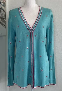QUACKER FACTORY Turquoise Blue Floral Embroidered Silk Cardigan Sweater | Medium - Picture 1 of 9
