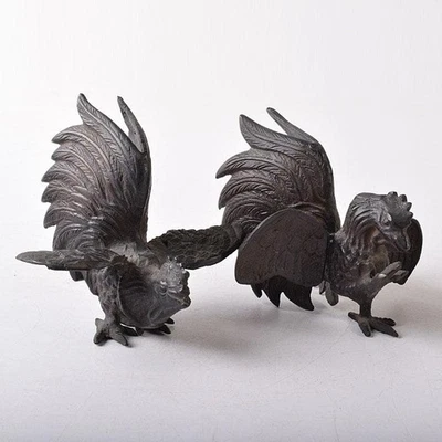 Par de estatuillas de pollo de bronce de 3,9 pulgadas escultura japonesa antigua decoración de estatuillas Foto 1 de 4