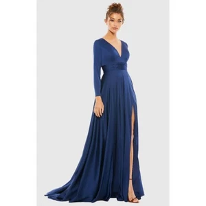 NWT IEENA for Mac Duggal Navy Long Sleeve Ruched Waist A-Line Gown 55245 Satin - Picture 1 of 11