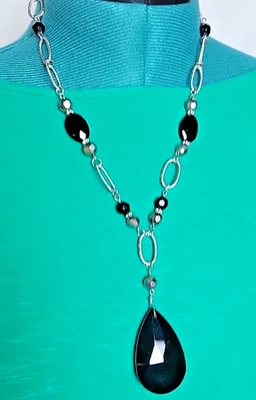 Silvertone Black Faceted Teardrop Necklace - Image 1 of 4