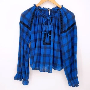 Top Free People Mujer Azul Marino A Cuadros Grunge Honey Grove Campesino Ojales Talla Pequeña - Imagen 1 de 7
