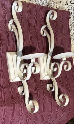 Vintage PAIR Metal Candle Wall Sconces Ornate CHUNKY SCROLLS 2pc COTTAGE WHITE  - Image 1 of 4