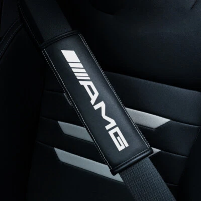 2PC Car Accessories Seat Belt Covers Shoulder Pads Leather For Mercedes Benz AMG - Image 1 of 2