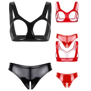 Glänzende Damen-PVC-Leder-Dessous ohne Tasse Käfig BRALETTE mit schrittlosem Höschen - Bild 1 von 52