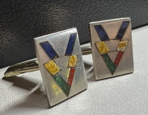 Gemelos con incrustaciones de plata esterlina JV5 925 México CORAL LAPISLÁPIS de colección de los años 50 - Imagen 1 de 4