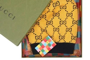 NEU GUCCI STRICK WOLLE BAUMWOLLE GG GELB BEANIE MÜTZE M - Bild 1 von 3