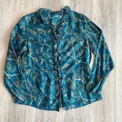 Blusa boho oficina 100 % seda para mujer 10 azul y verde cachemira con volantes Foto 1 de 4