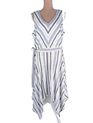 亚麻迷笛连衣裙蓝色白色 14 码不对称下摆度假度假沿海 — 第 1/4 张图片