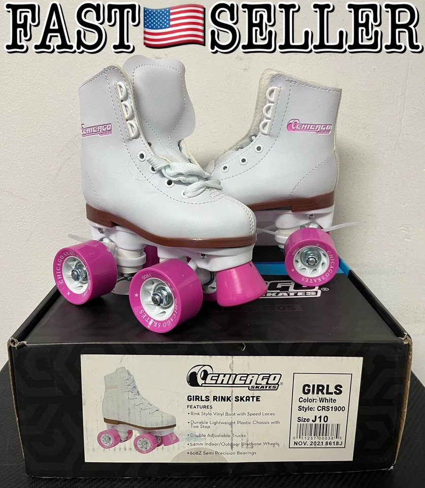Chicago Girls Rink Roller Skate - White Youth Quad Skates Size J10