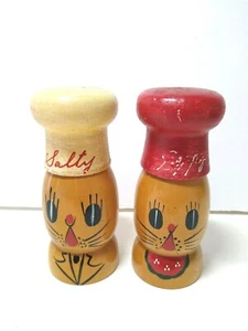 Vintage Mid Century Chase Peppy & Salty 5" Wooden Figural Salt & Pepper Shakers - Picture 1 of 12